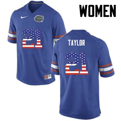 Women's Florida Gators #21 Fred Taylor NCAA Nike Blue USA Flag Fashion Authentic Stitched College Football Jersey OIC2262LN